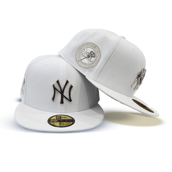 White New York Yankees Silver Metal Badge Gray Bottom 27X World Series  Titles Patch New Era 59Fifty Fitted