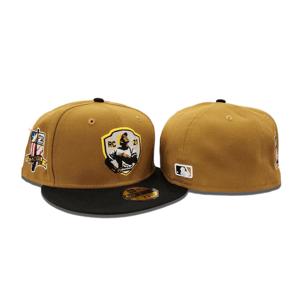 New Era Mens MLB Pittsburgh Pirates 21 Clemente RC 59FIFTY Fitted Hat 70776279 Black, Old Gold Undervisor 7 3/8