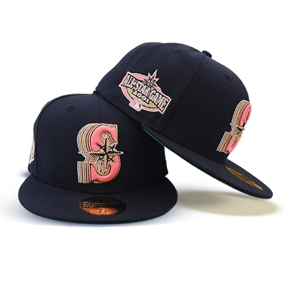 Light Navy Script Seattle Mariners Toast Visor Aqua Bottom 2001 All Star Game Side Patch New Era 59FIFTY Fitted 67/8