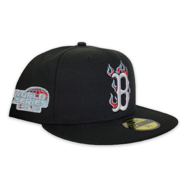 Black Boston Red Sox Flame Pattern Icy Blue Bottom 2004 World Series Side Patch New Era 59FIFTY Fitted 8