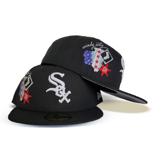 Black Chicago White Sox Grey Bottom Crystal Chicago Flag Side Patch New Era 59FIFTY Fitted 7 5/8
