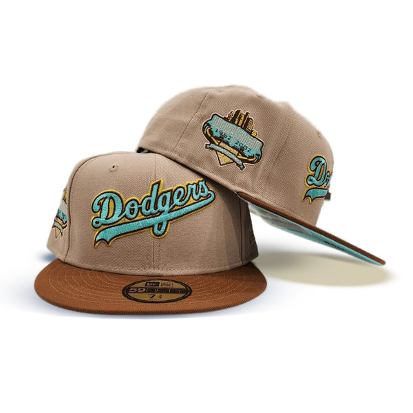 Light Navy Script Los Angeles Dodgers Toast Visor Green Bottom 60th Anniversary Side Patch New Era 59FIFTY Fitted 67/8