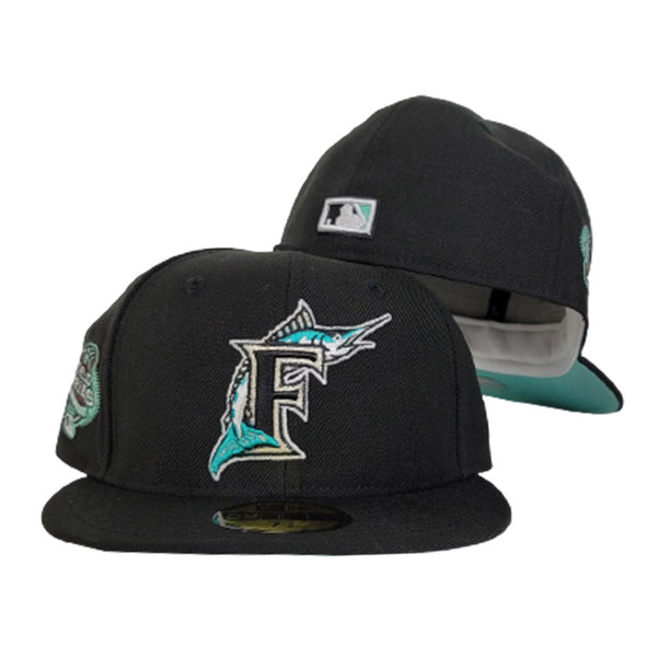 Black Florida Marlins 100th Anniversary Side Patch Bloom Icy Blue Bottom 59FIFTY Fitted 77/8