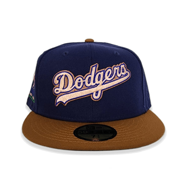 Light Navy Script Los Angeles Dodgers Toast Visor Green Bottom 60th Anniversary Side Patch New Era 59FIFTY Fitted 67/8