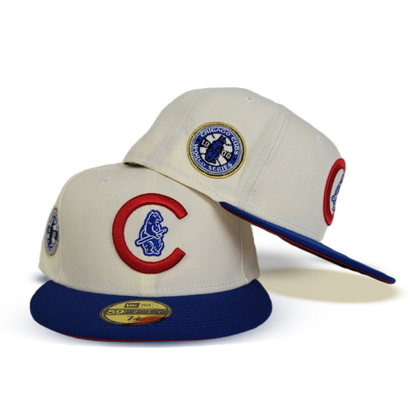 Off White Chicago Cubs Red Visor Royal Bottom 2016 World Series Side Patch New Era 59FIFTY Fitted 77/8