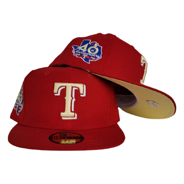 Red Texas Rangers Soft Yellow Bottom 40th Anniversary Side Patch New Era  59Fifty Fitted