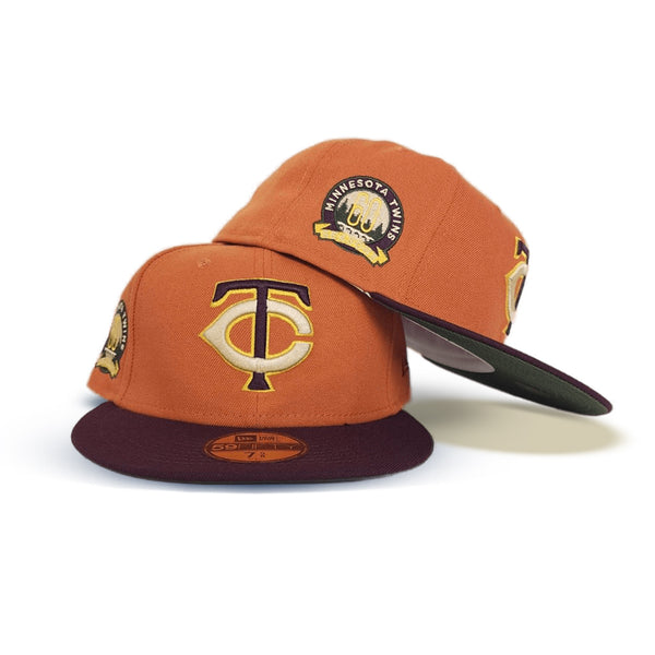 Tan Scrip Minnesota Twins Brown Visor Sea Blue Bottom 60th Anniversary Side Patch New Era 59FIFTY Fitted 71/4