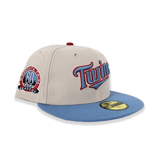 Tan Scrip Minnesota Twins Brown Visor Sea Blue Bottom 60th Anniversary Side Patch New Era 59FIFTY Fitted 71/4