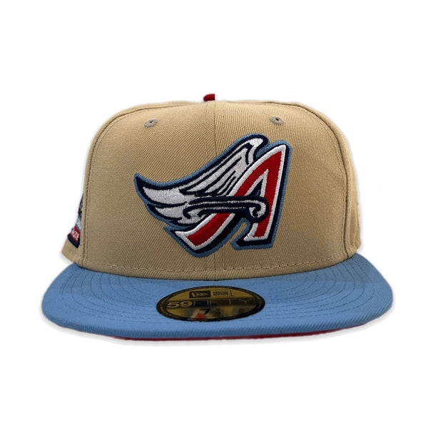 Tan Los Angeles Angels Sky Blue Visor Red Bottom 50th Anniversary Side Patch New Era 59FIFTY Fitted 71/8