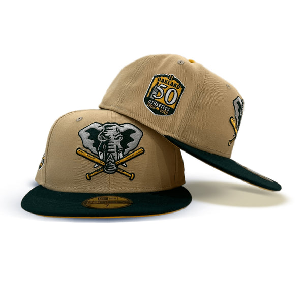 Olive Green Oakland Athletics Tan Visor Gray Bottom 50th Anniversary Side Patch New Era 59FIFTY Fitted 71/4