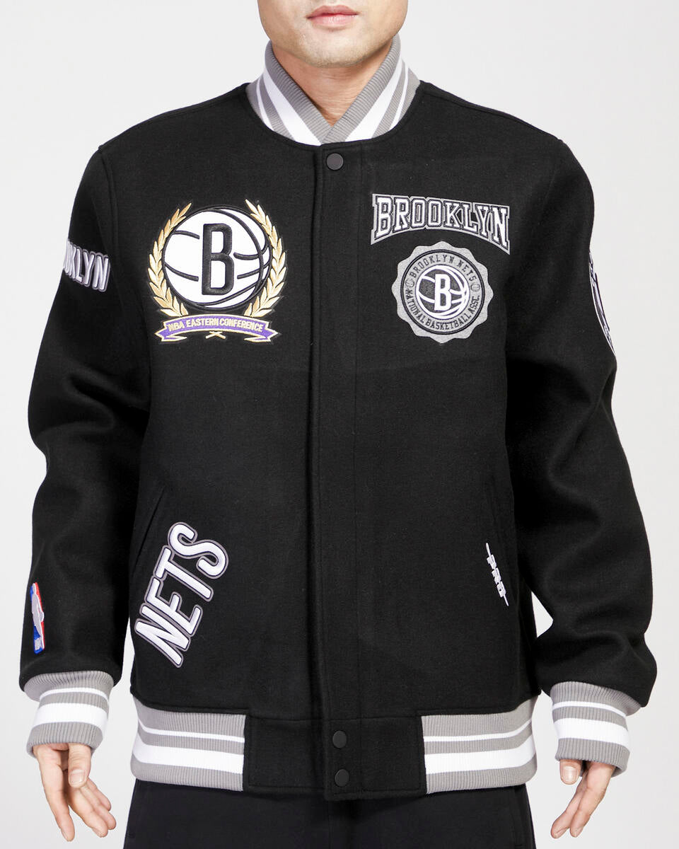 Pro Standard Brooklyn Nets Retro Classic Rib Wool Varsity Jacket (Black/Grey) 3XL