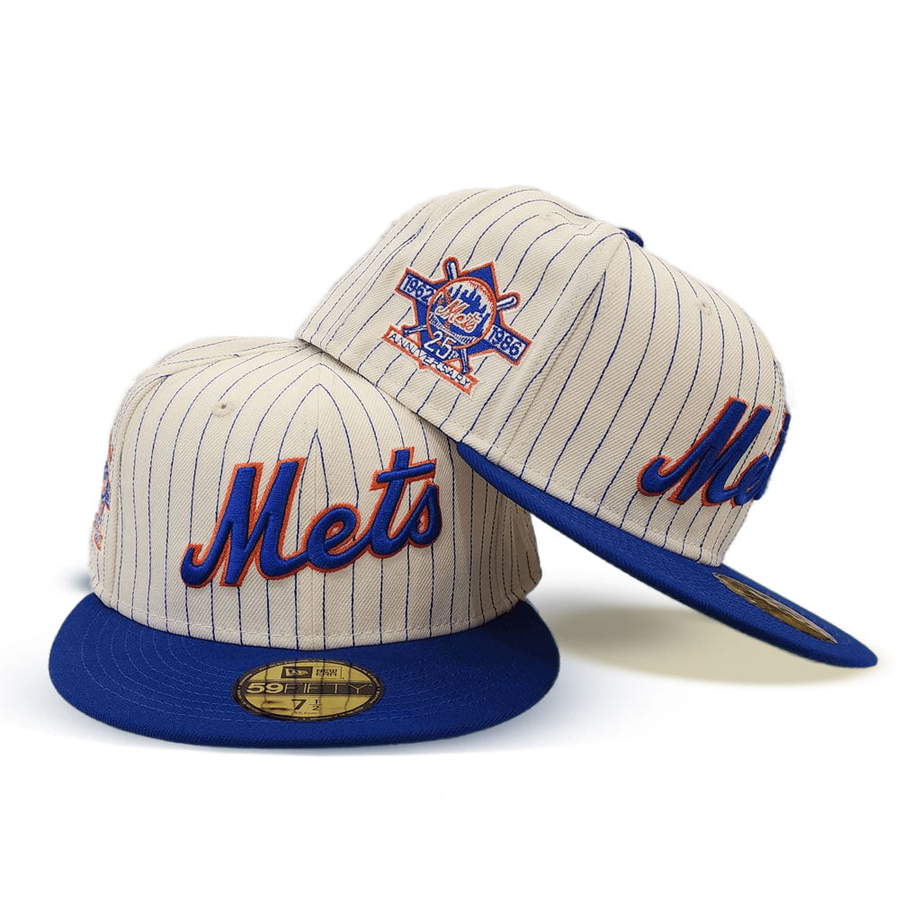 Off White Pinstripe NY Mets Royal Visor 25th Anniversary Patch Fitted 73/8