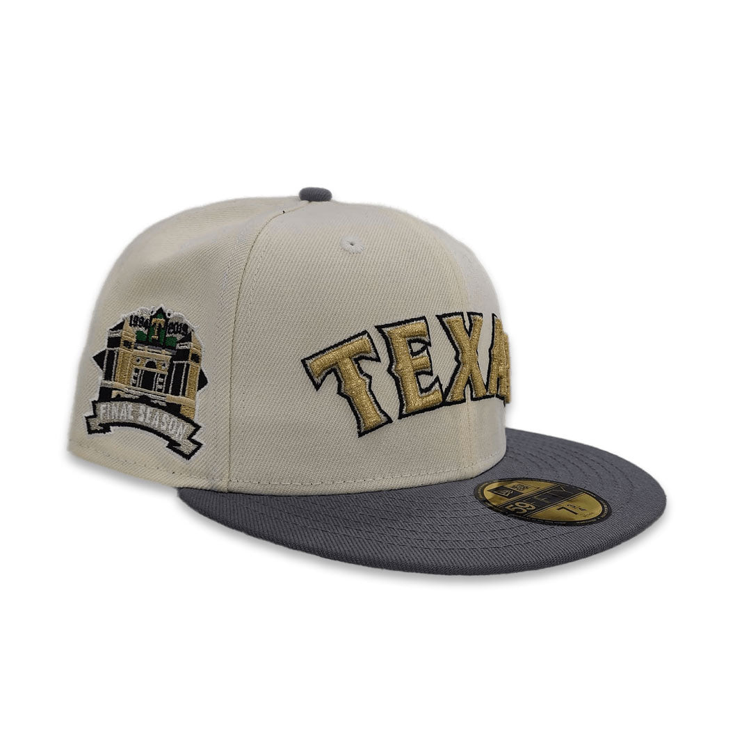 Off White Texas Rangers Dark Gray Visor Gray Bottom Final Season Side Patch New Era 59FIFTY Fitted 75/8