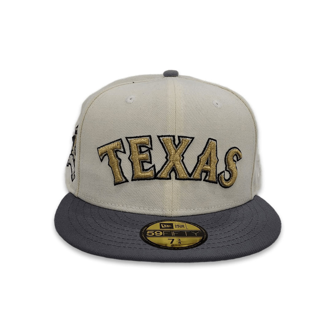 Off White Texas Rangers Dark Gray Visor Gray Bottom Final Season Side Patch New Era 59FIFTY Fitted 75/8