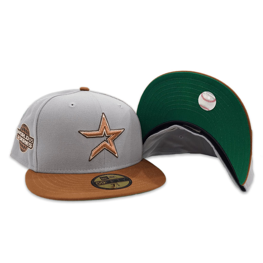 Gray Houston Astros Toasted Peanut Visor Green Bottom 2005 World Series Side Patch New Era 59FIFTY Fitted 77/8