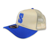 Vegas Gold Seattle Mariners Royal Blue Visor Gray bottom New Era A-Frame Trucker 9Forty Snapback