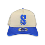 Vegas Gold Seattle Mariners Royal Blue Visor Gary bottom New Era A-Frame Trucker 9Forty Snapback