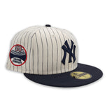 Off White Pinstripe New York Yankees Navy Blue Visor Green Bottom 50th Anniversary Side Patch New Era 59Fifty Fitted