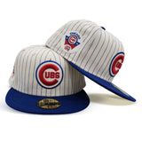 Off White Pinstripe Chicago Cubs Royal Blue Visor Green Bottom 100th Anniversary Side Patch New Era 59Fifty Fitted