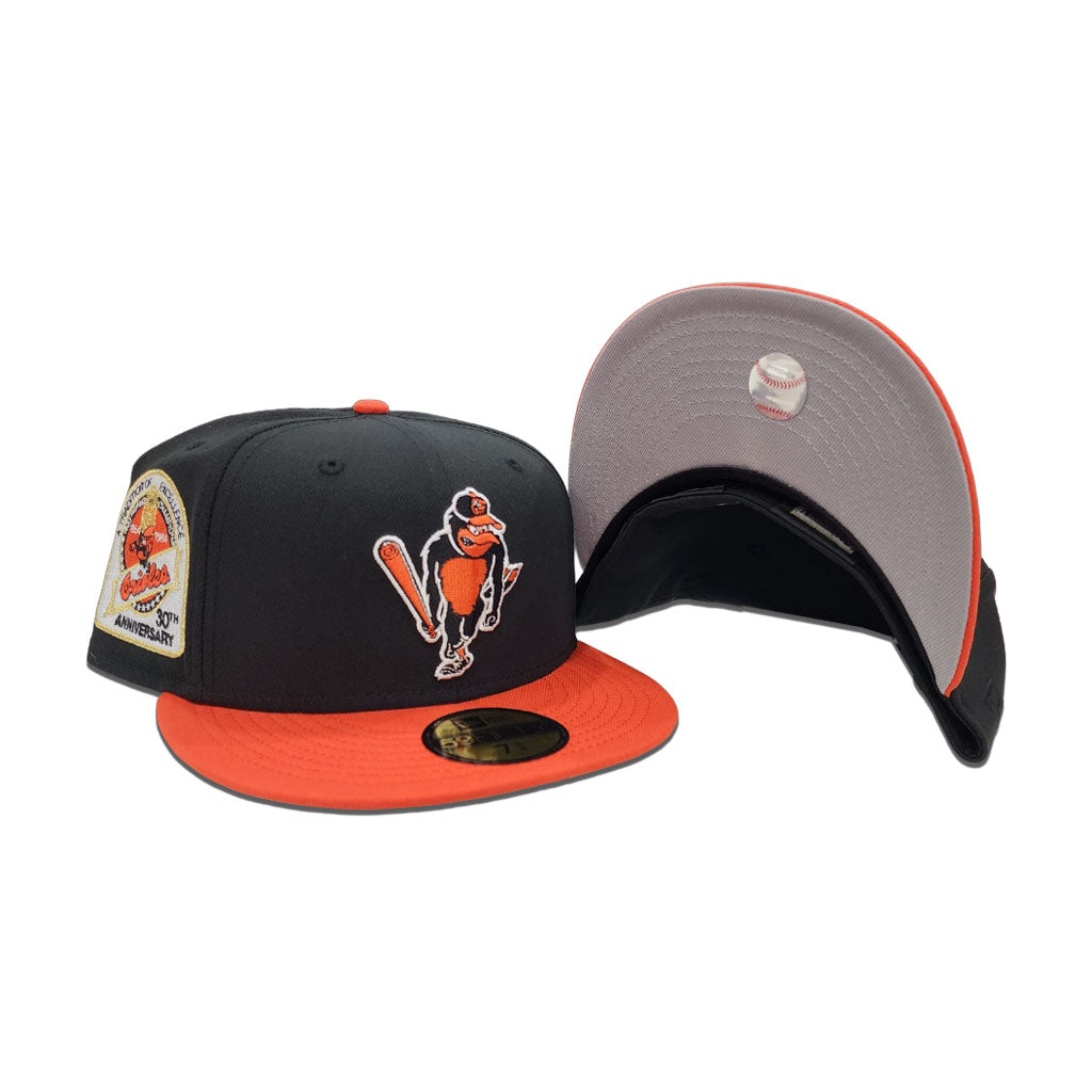 Black Mascot Baltimore Orioles Orange Visor Gray Bottom 30th Anniversary Side Patch New Era 59Fifty Fitted