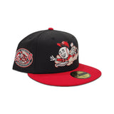 Black Cincinnati Reds Mascot Logo Red Visor Gray Bottom 25th & 10th Anniversary Side Patch New Era 59Fifty Fitted