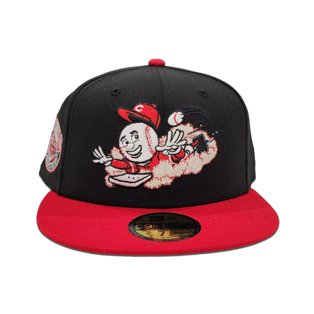 Black Cincinnati Reds Mascot Logo Red Visor Gray Bottom 25th & 10th Anniversary Side Patch New Era 59Fifty Fitted