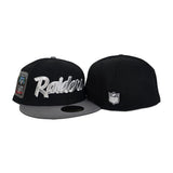 Black Script Las Vegas Raiders Storm Gray Visor Gray Bottom Super Bowl XI Side Patch New Era 59Fifty Fitted