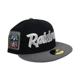 Black Script Las Vegas Raiders Storm Gray Visor Gray Bottom Super Bowl XI Side Patch New Era 59Fifty Fitted