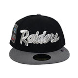 Black Script Las Vegas Raiders Storm Gray Visor Gray Bottom Super Bowl XI Side Patch New Era 59Fifty Fitted