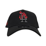 Black Los Angeles Dodgers Red Flame Logo Curved Brim Gray Bottom LA Side Patch New Era A-Frame 9Fifty Snapback