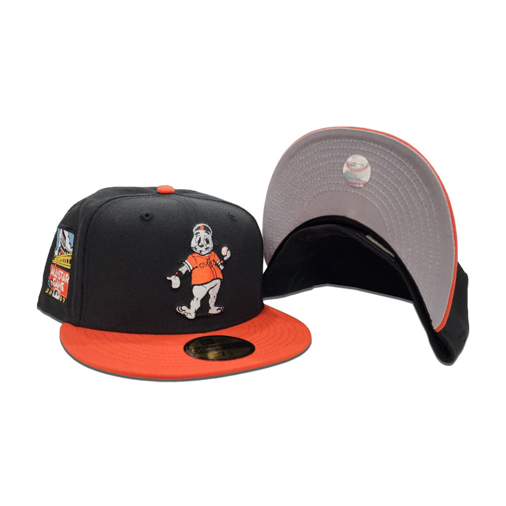 Black San Francisco Giants Mascot Logo Orange Visor Gray Bottom 2007 All Star Game Side Patch New Era 59Fifty Fitted