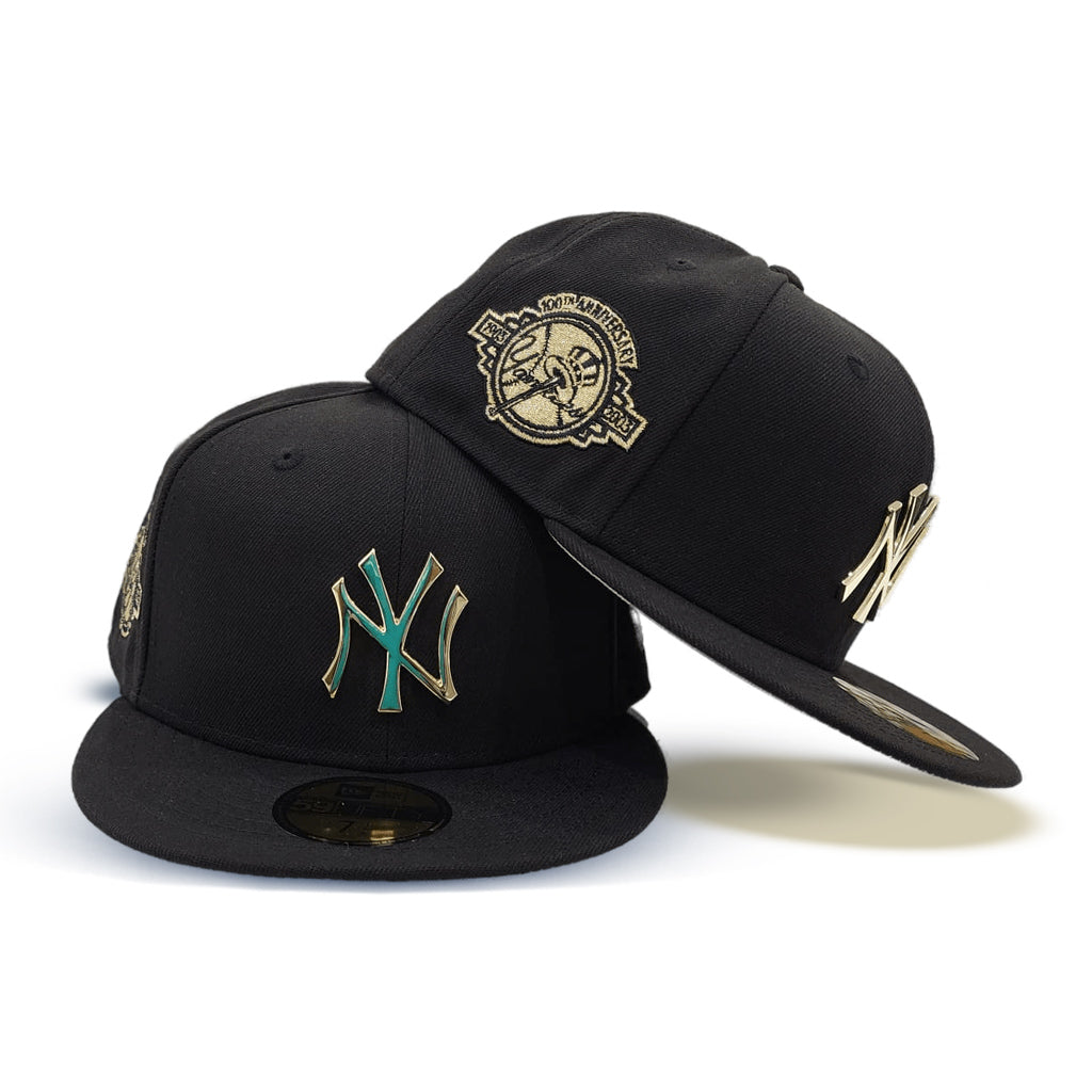 Black New York Yankees Gold Metal Badge Gray Bottom 100th Anniversary Side Patch New Era 59FIFTY Fitted 71/2