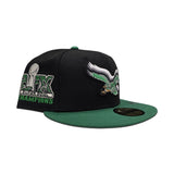 Black Philadelphia Eagles Kelly Green Visor Gray Bottom Super Bowl LIX Champions Side Patch New Era 59Fifty Fitted Hat