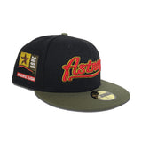 Black Script Houston Astros Olive Green Visor Gray Bottom 2000 Inaugural Season Side Patch New Era 59Fifty Fitted