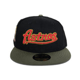 Black Script Houston Astros Olive Green Visor Gray Bottom 2000 Inaugural Season Side Patch New Era 59Fifty Fitted