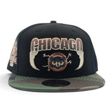 Black Chicago Cubs Lightning Logo Woodland Camo Visor Gray Bottom 1990 All Star Game Side Patch New Era Fitted (Copy)