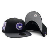 Black Chicago Cubs Gradient Logo Dark Gray Visor Gray Bottom Be Alert Foul Balls Side Patch New Era 59Fifty Fitted