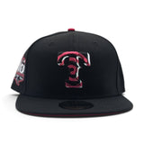 Black Texas Rangers Swirl Print Logo Visor Red Bottom 40th Anniversary Side Patch New Era 59Fifty Fitted