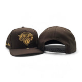 Brown New York Knicks Curved Brim Metal Badge Gray Bottom New York Script Side Patch New Era 9Fifty A-Frame Snapback