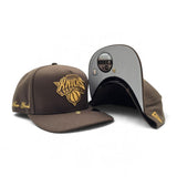 Brown New York Knicks Curved Brim Metal Badge Gray Bottom New York Script Side Patch New Era 9Fifty A-Frame Snapback
