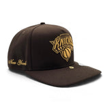 Brown New York Knicks Curved Brim Metal Badge Gray Bottom New York Script Side Patch New Era 9Fifty A-Frame Snapback