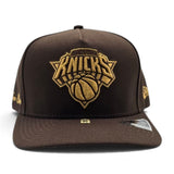 Brown New York Knicks Curved Brim Metal Badge Gray Bottom New York Script Side Patch New Era 9Fifty A-Frame Snapback