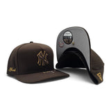 Brown New York Yankees Curved Brim Metal Badge Gray Bottom New York Script Side Patch New Era 9Fifty A-Frame Snapback