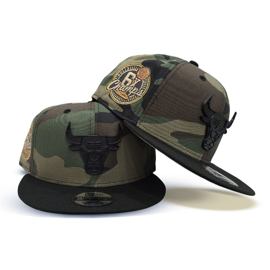 chicago bulls football helmet Green Camo Chicago Bulls Metal Badge Black Visor Gray Bottom 6x Champi – Exclusive Fitted Inc