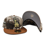 Real Tree Camo Los Angeles Dodgers Camel Visor Gray Bottom 40th Anniversary Dodgers Stadium Side Patch New Era 59Fifty Fitted