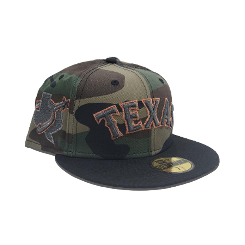 Woodland Camo Texas Rangers Black Visor Gray Bottom State Map Side Patch New Era 59FIFTY Fitted 77/8