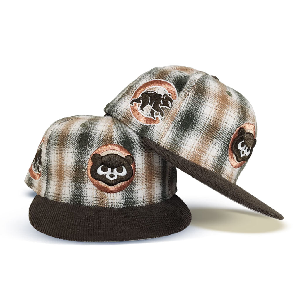 Tan Brown Plaid Chicago Cubs Brown Corduroy Visor Gray Bottom Cubs Side Patch New Era 59Fifty Fitted