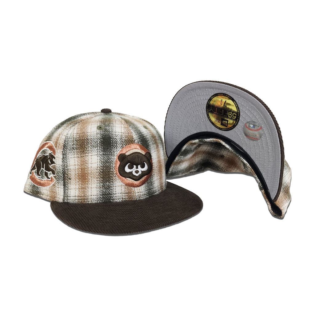 Tan Brown Plaid Chicago Cubs Brown Corduroy Visor Gray Bottom Cubs Side Patch New Era 59Fifty Fitted