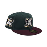 Dark Green Anaheim Mighty Ducks Maroon Visor Gray Bottom 30th Anniversary Side Patch New Era 59Fifty Fitted