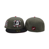 Olive Green Anaheim Mighty Ducks Black Visor Gray Bottom 30th Anniversary Side Patch New Era 59Fifty Fitted